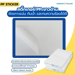 สติ๊กเกอร์พีพีขาวด้าน หนา 75 ไมครอน แผ่นรองหลังหนา 165 แกรม ขนาด 330 x 483 มม. และ 330 x 488 มม.